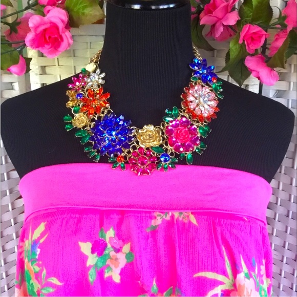 💖See New Listing💖 Rhinestone Floral Blue Pink Red Chunky Bib Statement Necklac - Picture 5 of 8